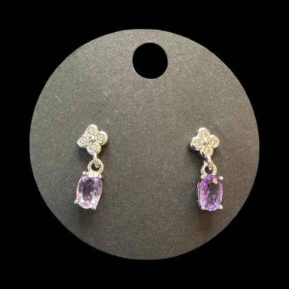 Purple clover dangle dainty amethyst earrings CZ Sterling Silver jewelry NEW - Picture 7 of 8